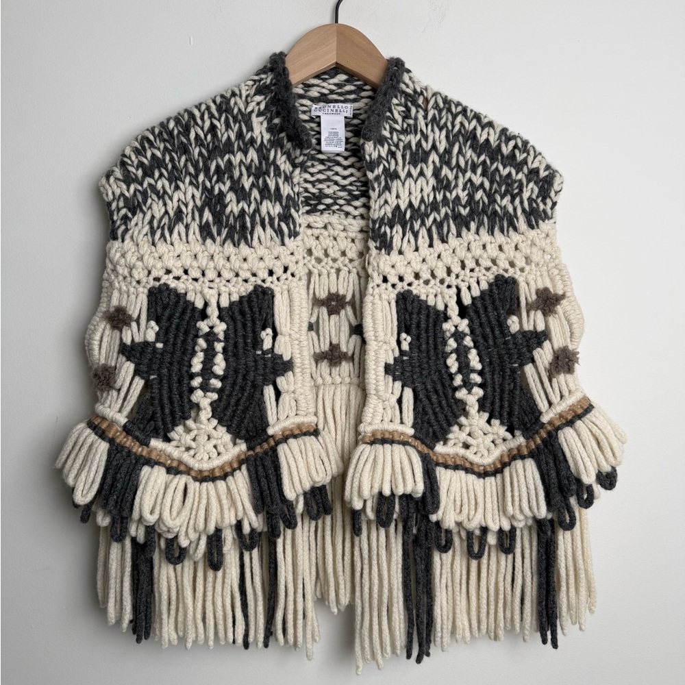 $10k Brunello Cucinelli Fringed Macramé 100% Cashmere Vest “Opera” Multicolor